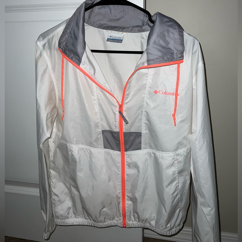 Columbia White and Coral Zipper Windbreaker